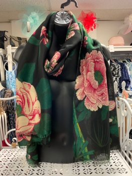 New Product….black/cerise/green floral scarf