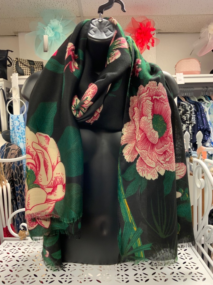 New Product….black/cerise/green floral scarf