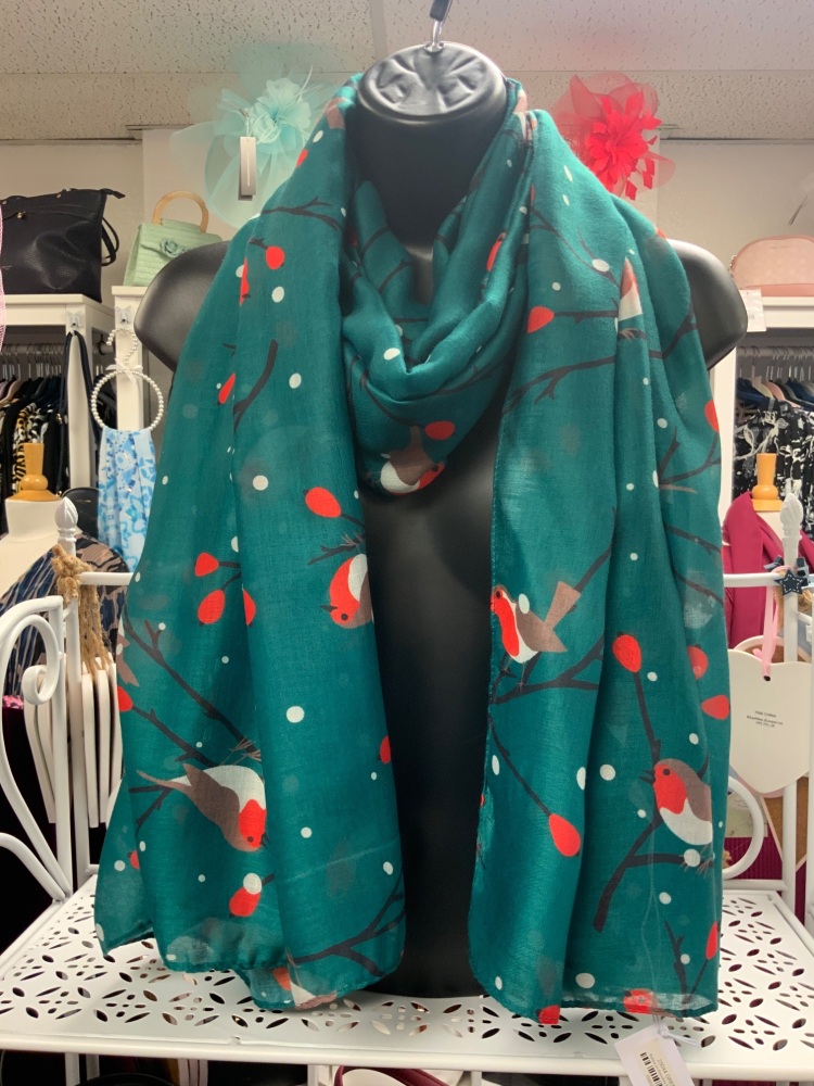 New Product….green robin on branches scarf