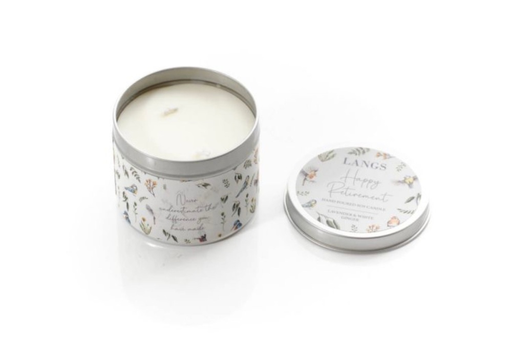 New Product…hand poured tin candle…..happy retirement
