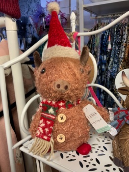 New Product….santa hat fabric highland cow….shelf sitting