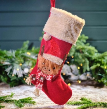 New Product….christmas dressed fabric 3D highland cow stocking