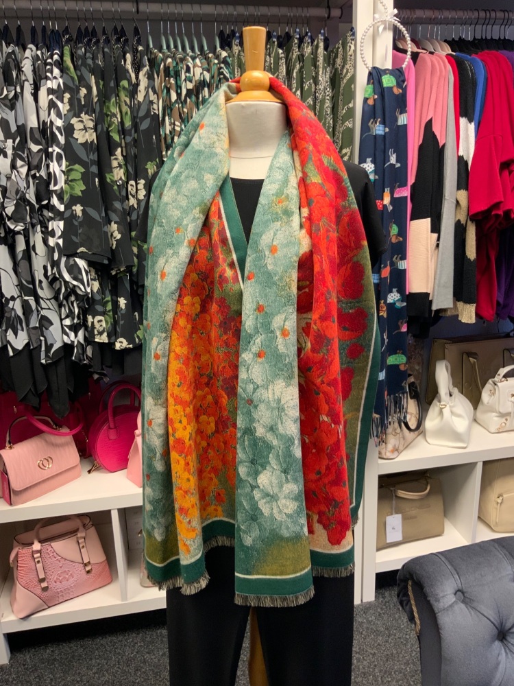 New Product….red/orange/green floral scarf