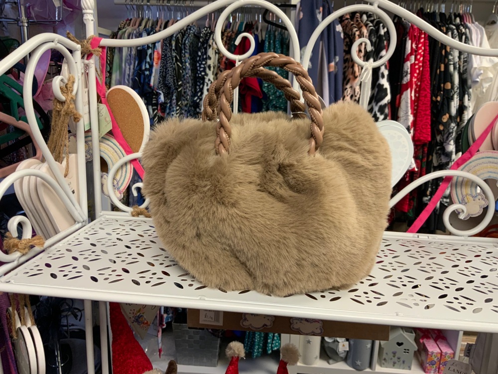 New Product….small faux fur mocha handbag…..stud fastener