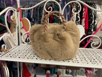 New Product….small faux fur mocha handbag…..stud fastener