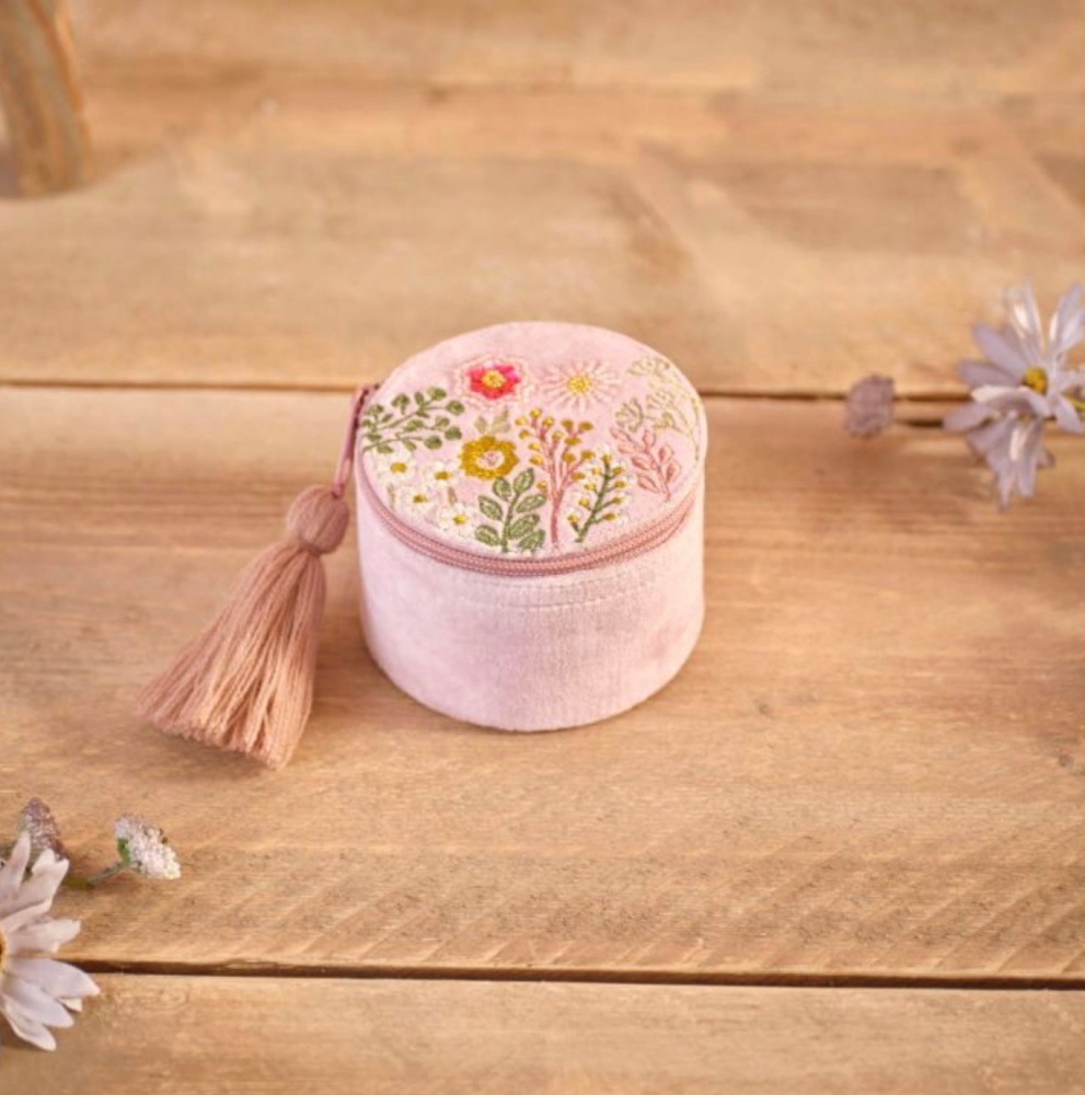 New Product….ditsy floral velvet fabric embroidery and glass beads round je