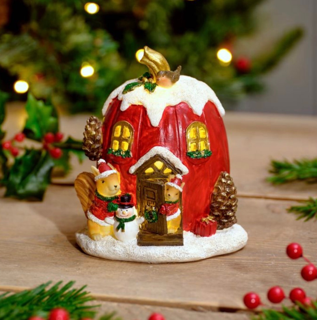New Product…..festive robin led resin Christmas house with squirrels