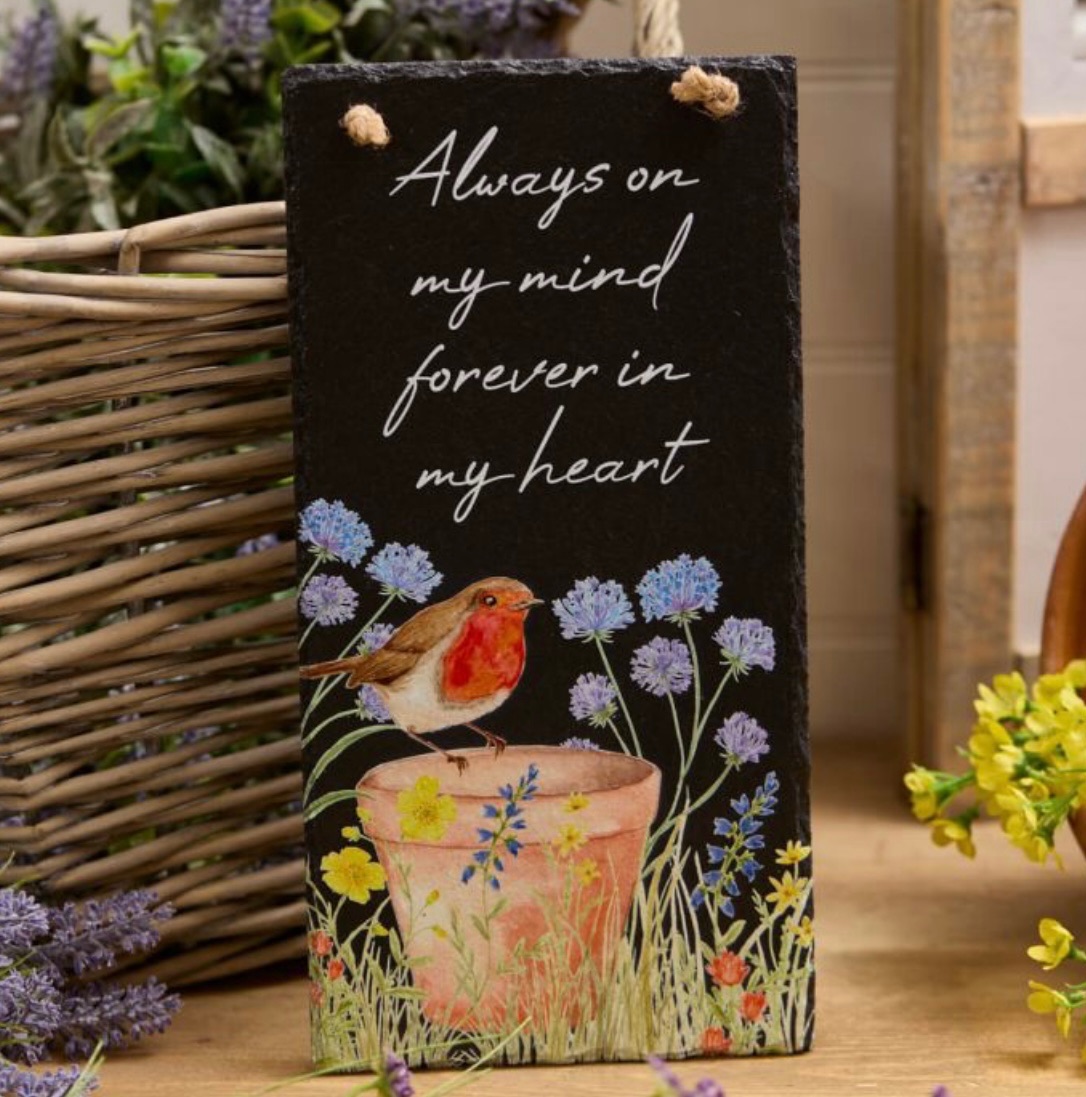 New Product….robin on plant pot floral slate…..always on my mind plaque