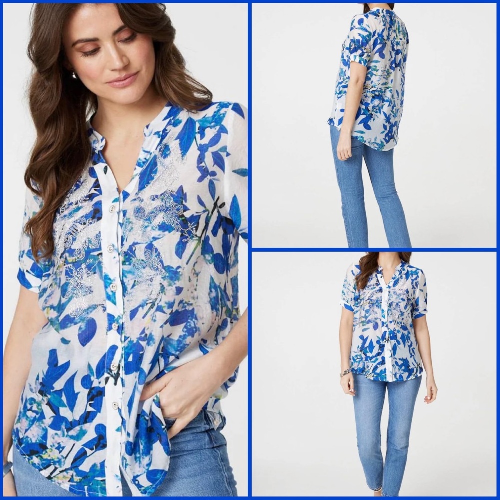 New Product….pretty blue/white/pink floral blouse with a silver sparkle det