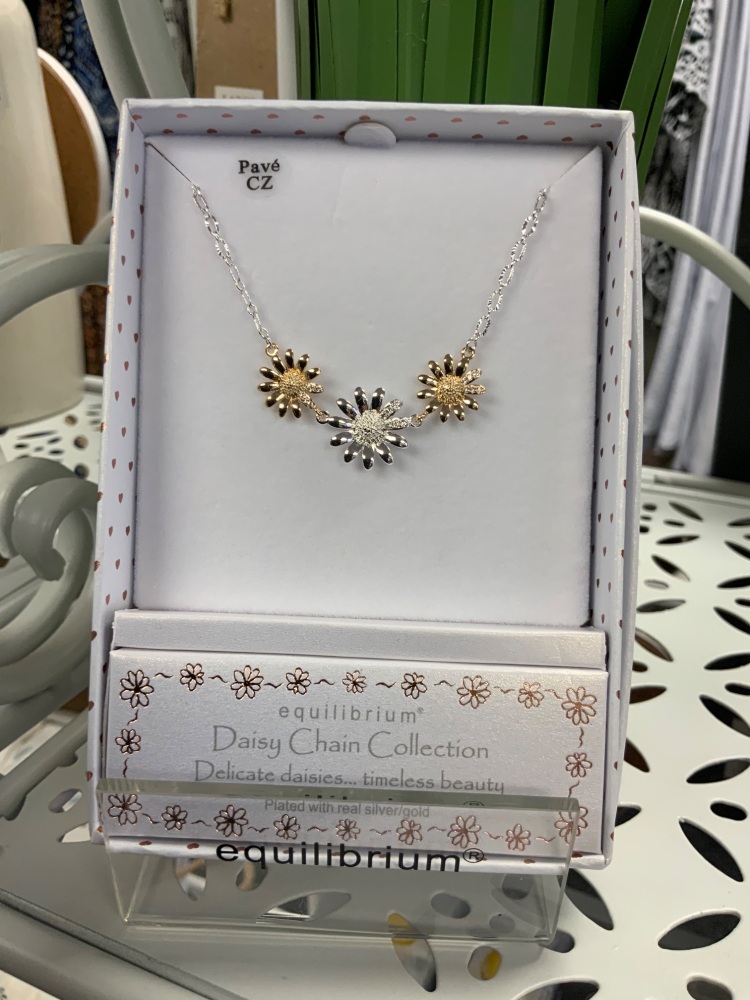 New Product….equilibrium daisy chain 3 daisies two tone necklace