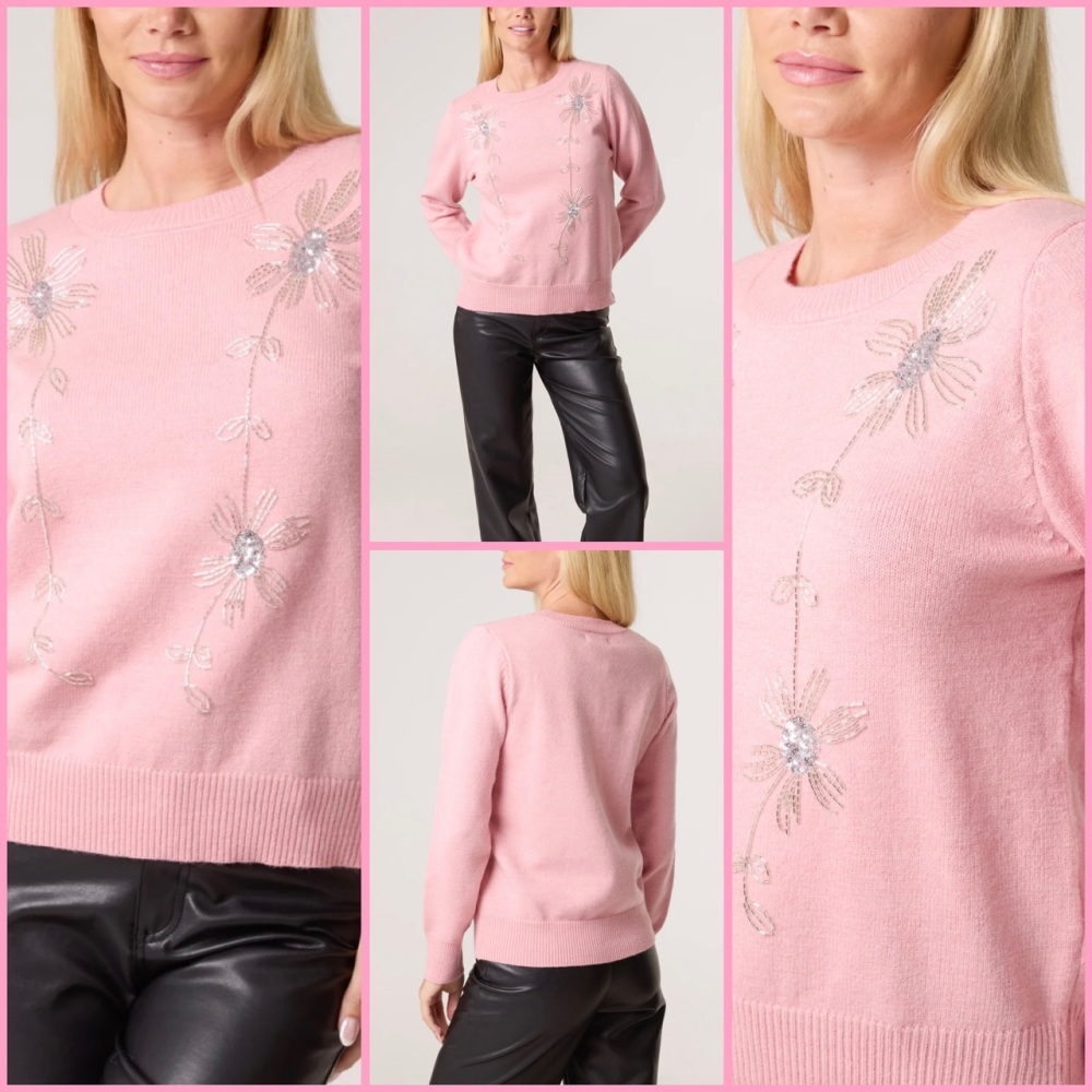 New Product….pretty pink jumper with silver beaded flowers….s/m ….measures 