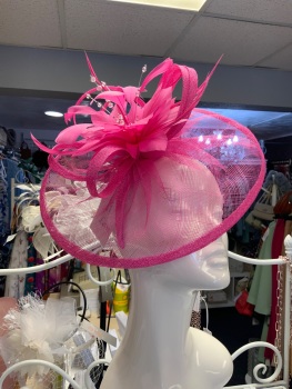 New Product&hellip;.hot pink fascinator with a wide headband feather flower centrepiece with crystals