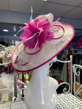 New Product&hellip;.large fushcia/white fascinator with wide headband sinnamay bow and flower trim