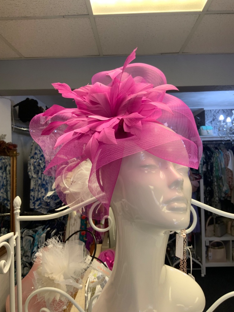 New Product….fushcia fascinator on thin headband….feather and netting trim