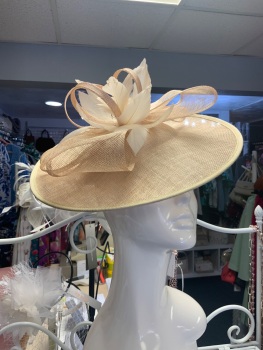New Product&hellip;.large champagne fascinator on a wide headband with sinamay and feather trim