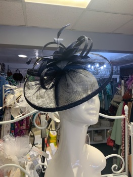 New Product&hellip;.navy blue fascinator on a wide headband&hellip;.sinamay/feather trim with silver and glass beads