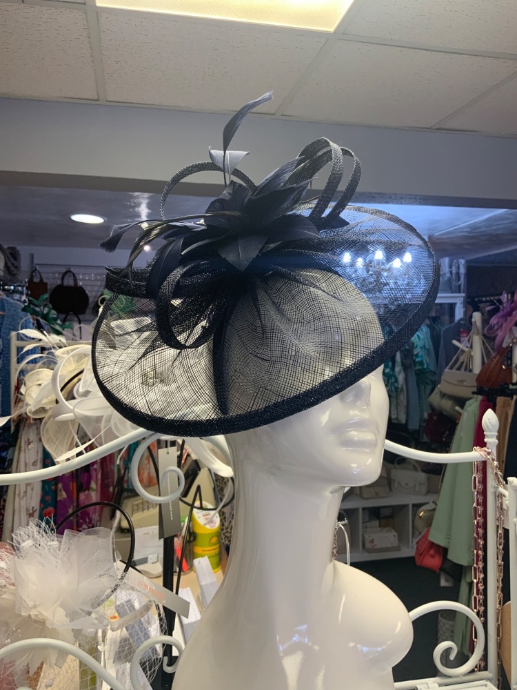 New Product….navy blue fascinator on a wide headband….sinamay/feather trim 