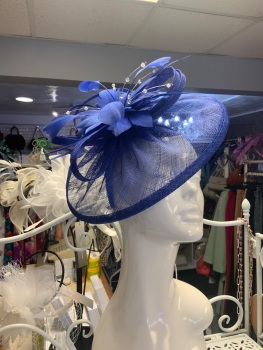 New Product&hellip;.cobalt blue fascinator on wide headband with sinamay/feather trim with silver and glass beads