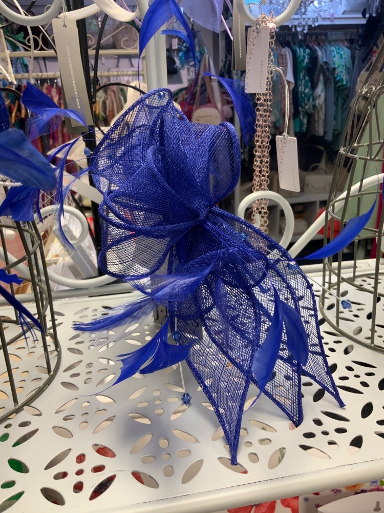 New Product….cobalt blue fascinator on thin headband….sinamay/feather and b