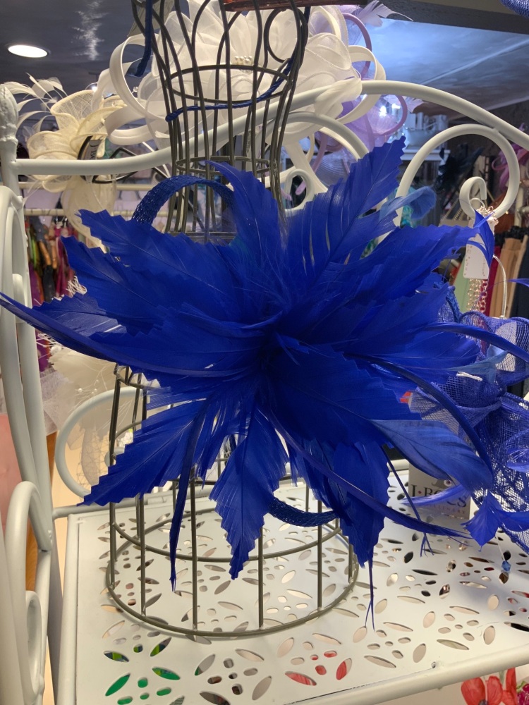 New Product….royal blue fascinator on a clip or headband….feather and sinam