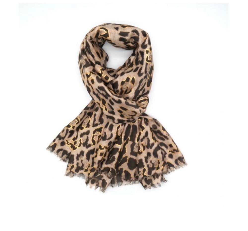 New Product….brown/beige animal print scarf with a touch of gold