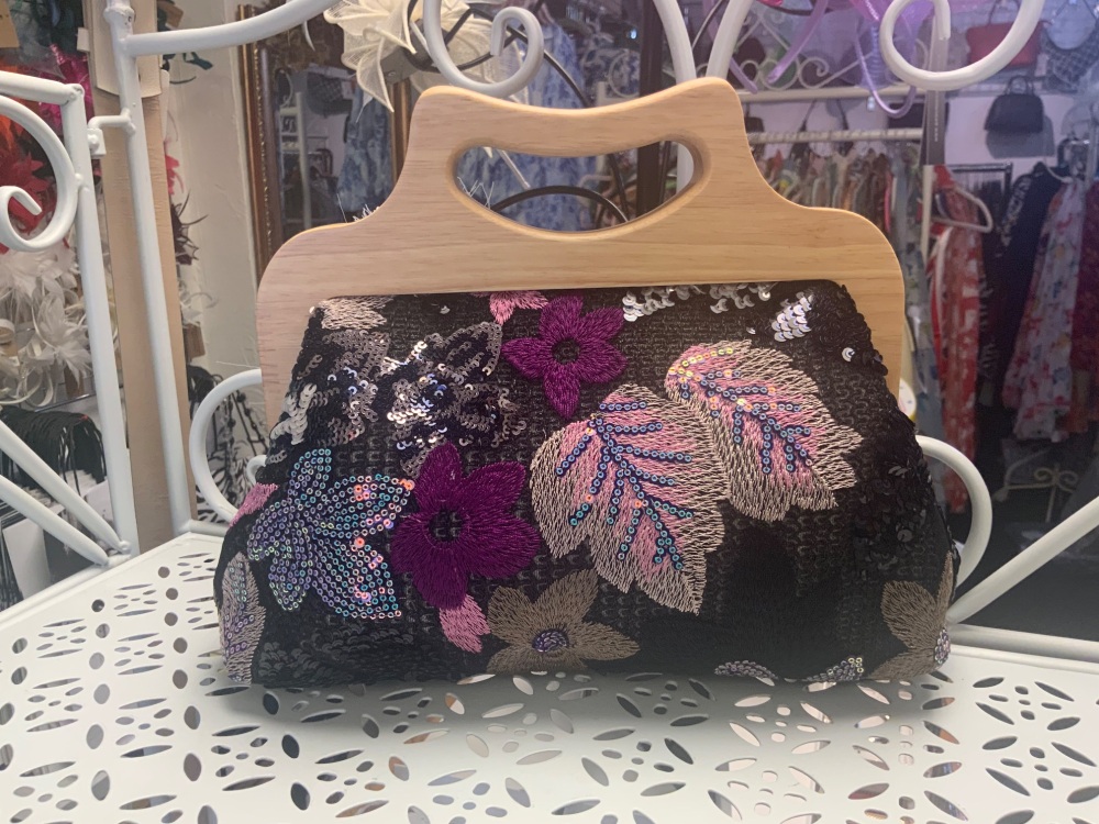 New Product….black floral sequinned handbag with wooden handle