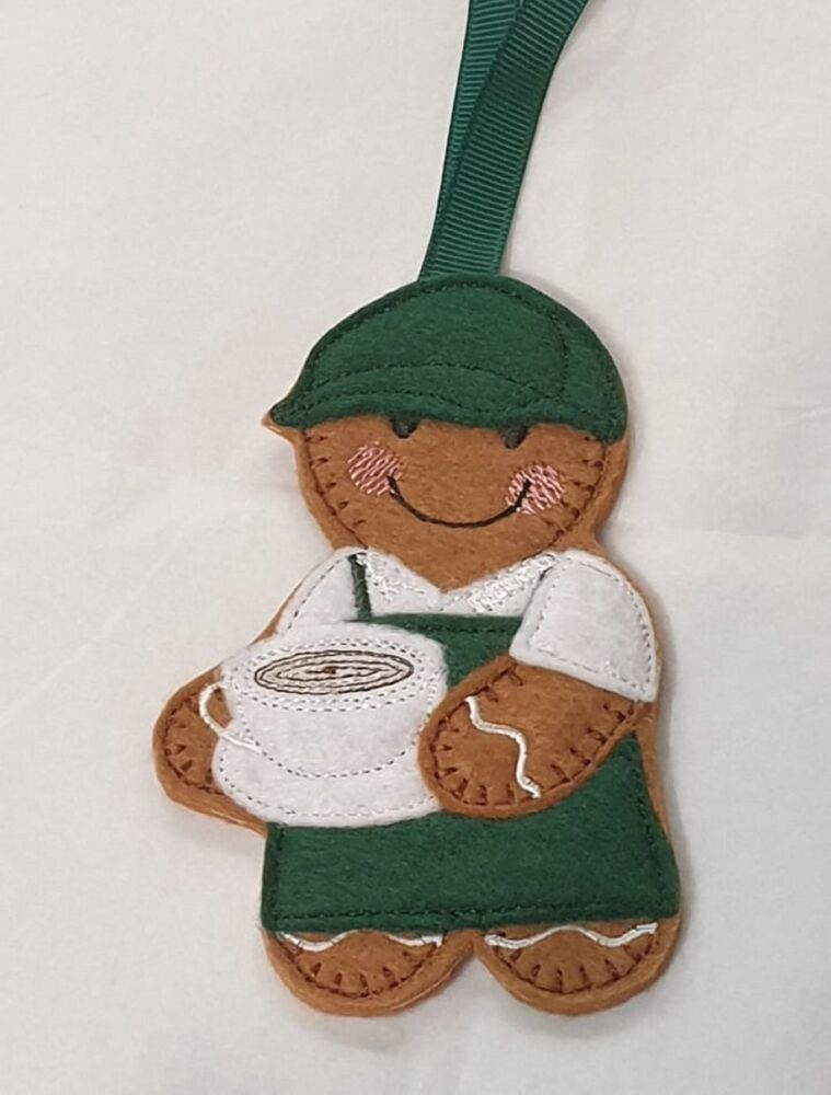 Barista Gingerbread Felt Hanging Decoration, Christmas Tree Decoration.