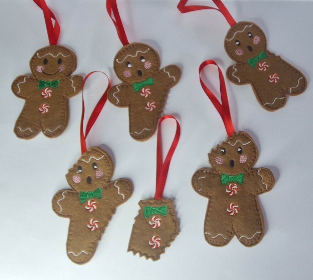 Set of 6 Bitten Gingerbread Felt Hanging Decoration, Christmas Tree Decoration.