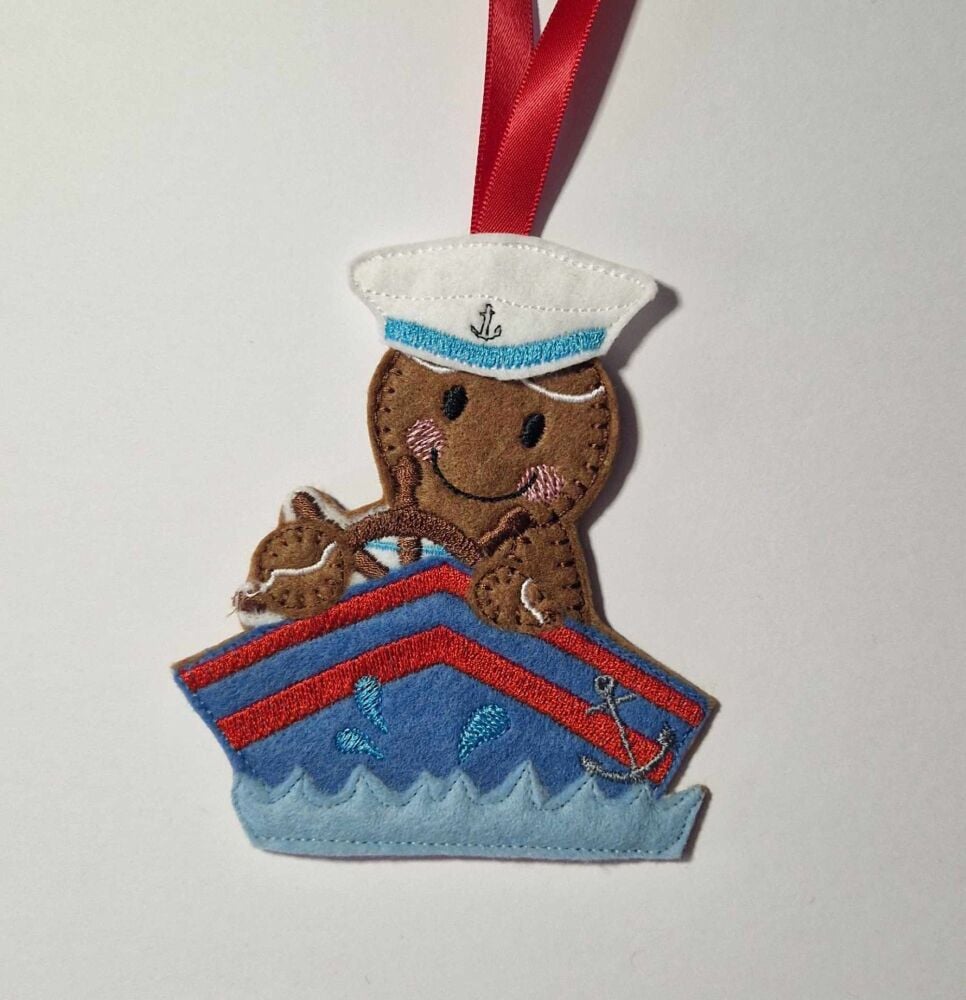 Gingerbread Sailing In a Boat Felt Hanging Decoration, Christmas Tree Decor