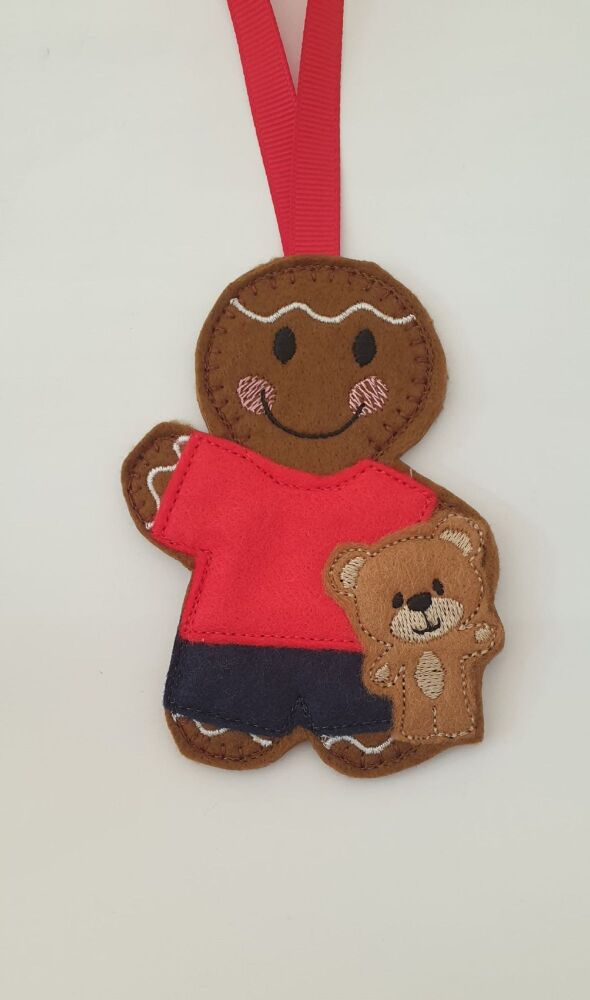 Boy & Teddy Gingerbread Felt Hanging Decoration, Christmas Tree Decoration.