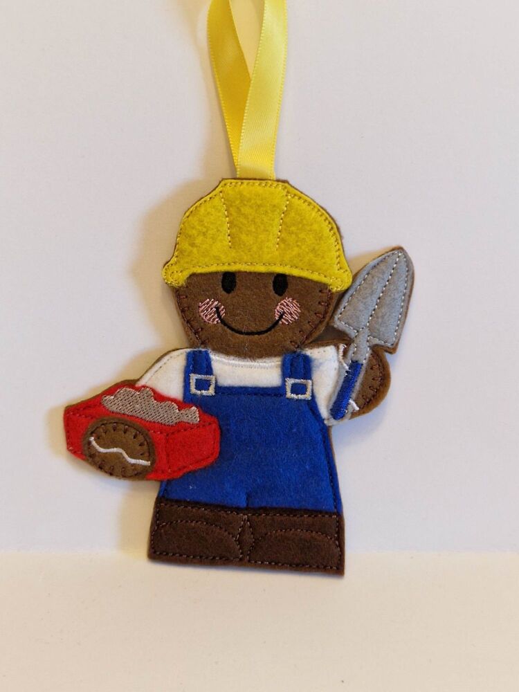 Bricklayer  Gingerbread Felt Hanging Decoration, Christmas Tree Decoration.