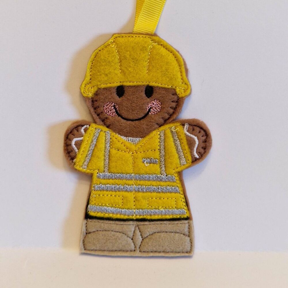 Builder Hi Vis Gingerbread Felt Hanging Decoration, Christmas Tree Decoration.