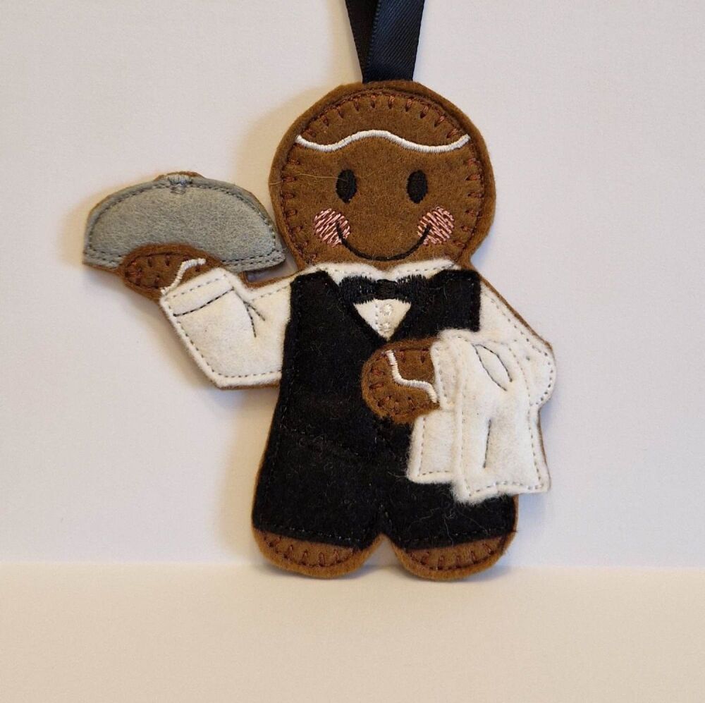 Butler/Waiter Felt Gingerbread Decoration. Available as a Hanging decoration, Keyring/Bag charm Or fridge magnet