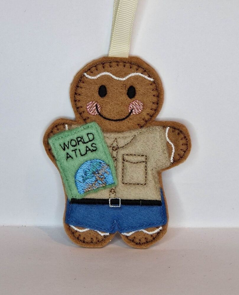 Explorer, Geographer, Adventurer,  World Atlas Gingerbread Felt Hanging Decoration, Christmas Tree Decoration.