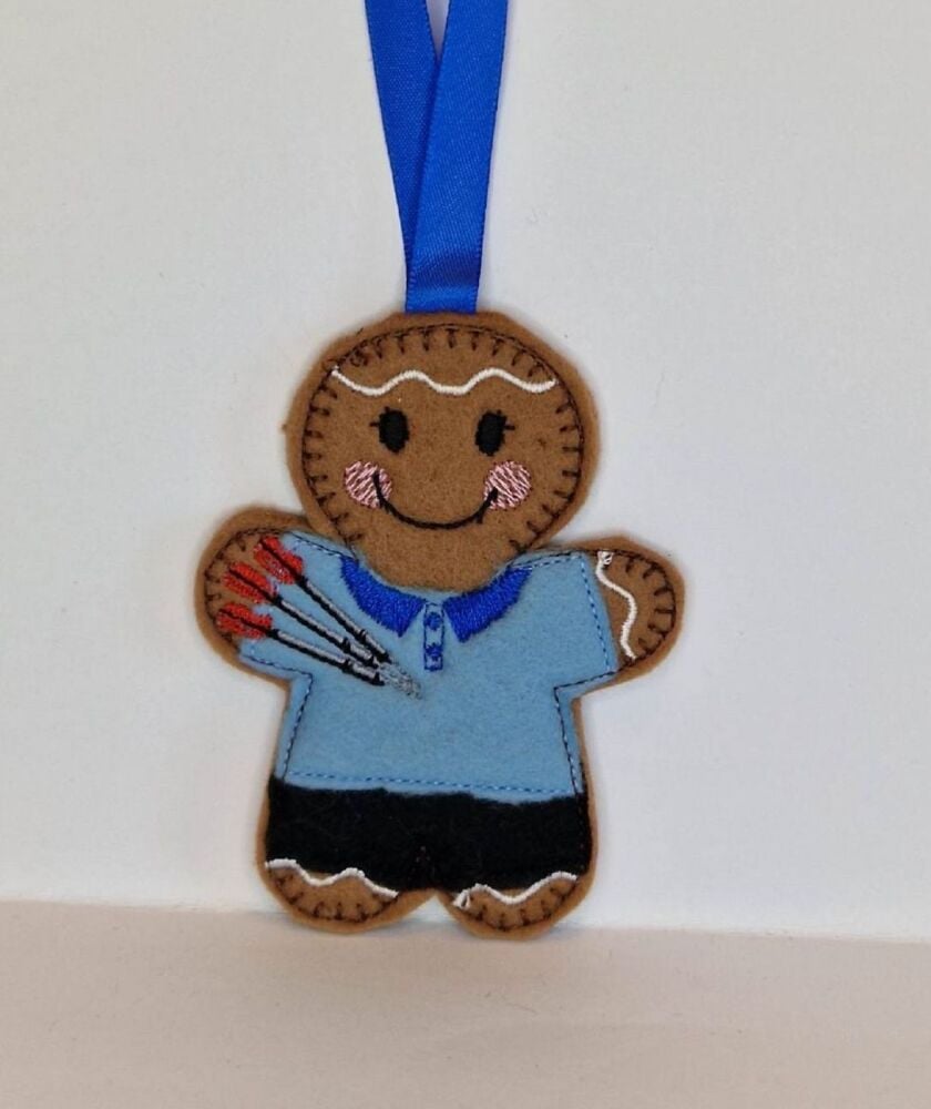 Darts Player Gingerbread Felt Hanging Decoration, Christmas Tree Decoration.