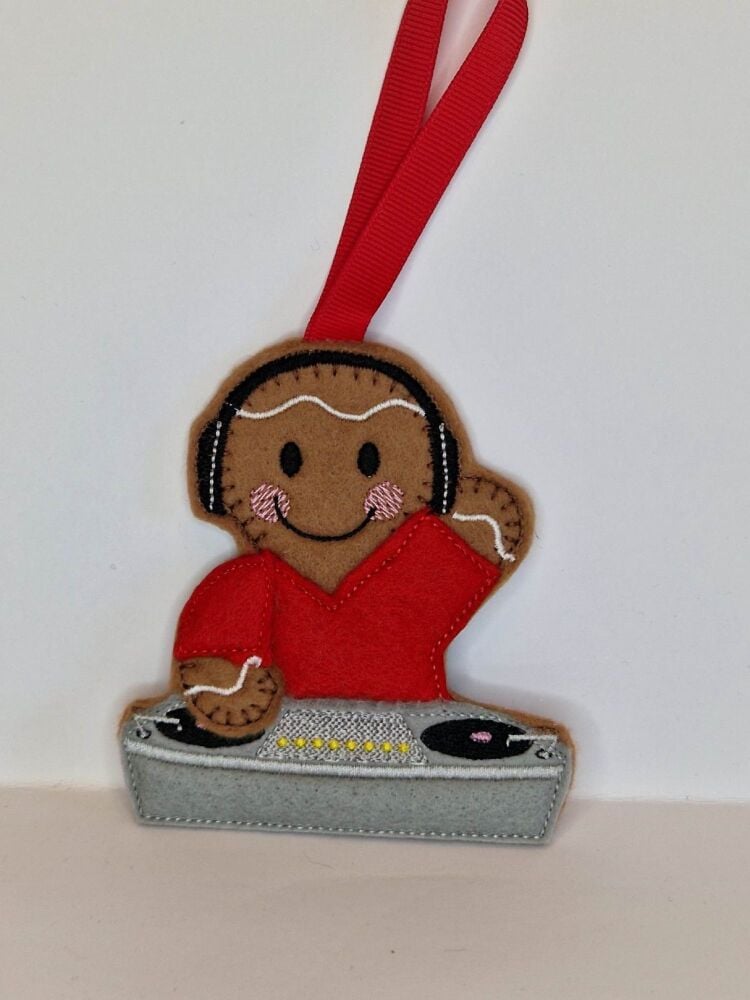 DJ, Disc jockey Gingerbread Felt Hanging Decoration, Christmas Tree Decoration. Available as Keyring & Fridge Magnet too.