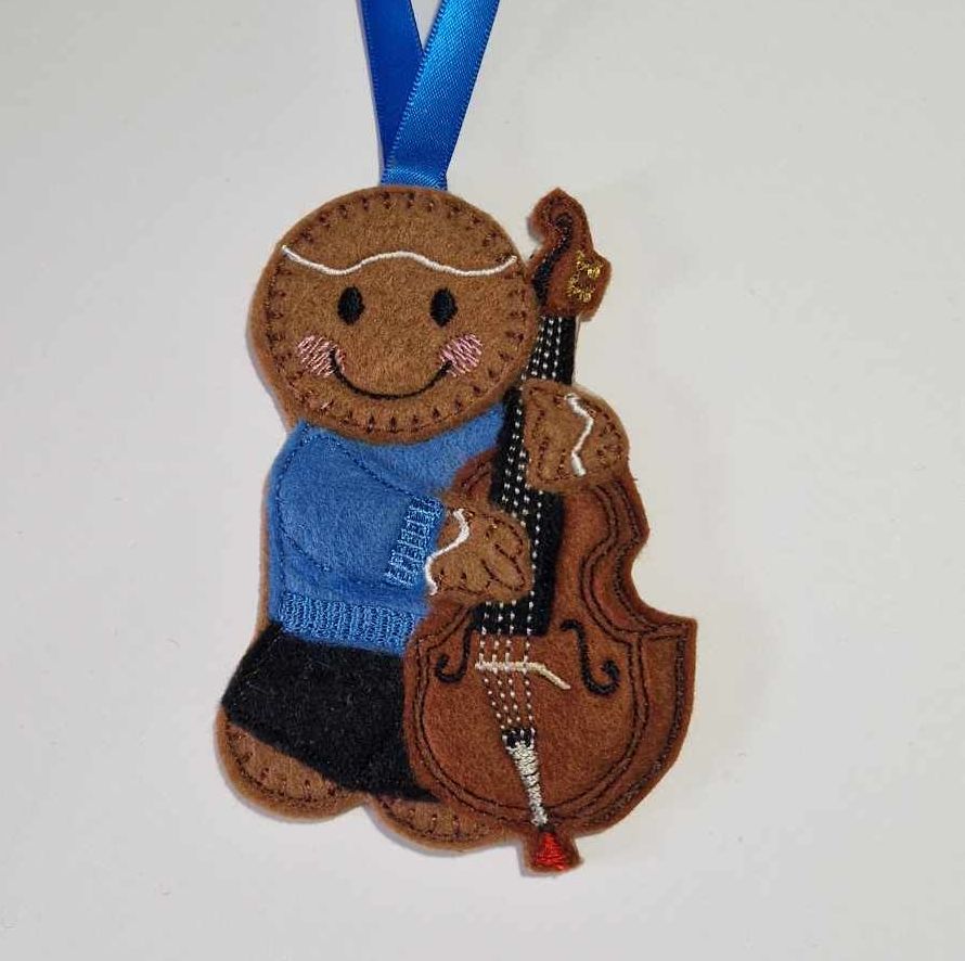 Double Base, Musical Instrument, Double Bass Gingerbread Felt Hanging Decoration, Christmas Tree Decoration. Available as Keyring & Fridge Magnet too.