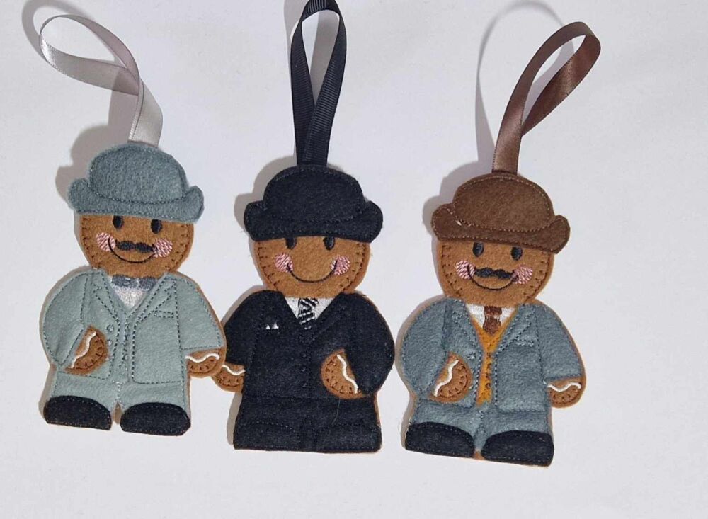 Dr Watson, Poirot, Mr Benn Gingerbread Felt Hanging Decoration, Christmas Tree Decoration. Available as Keyring & Fridge Magnet too.