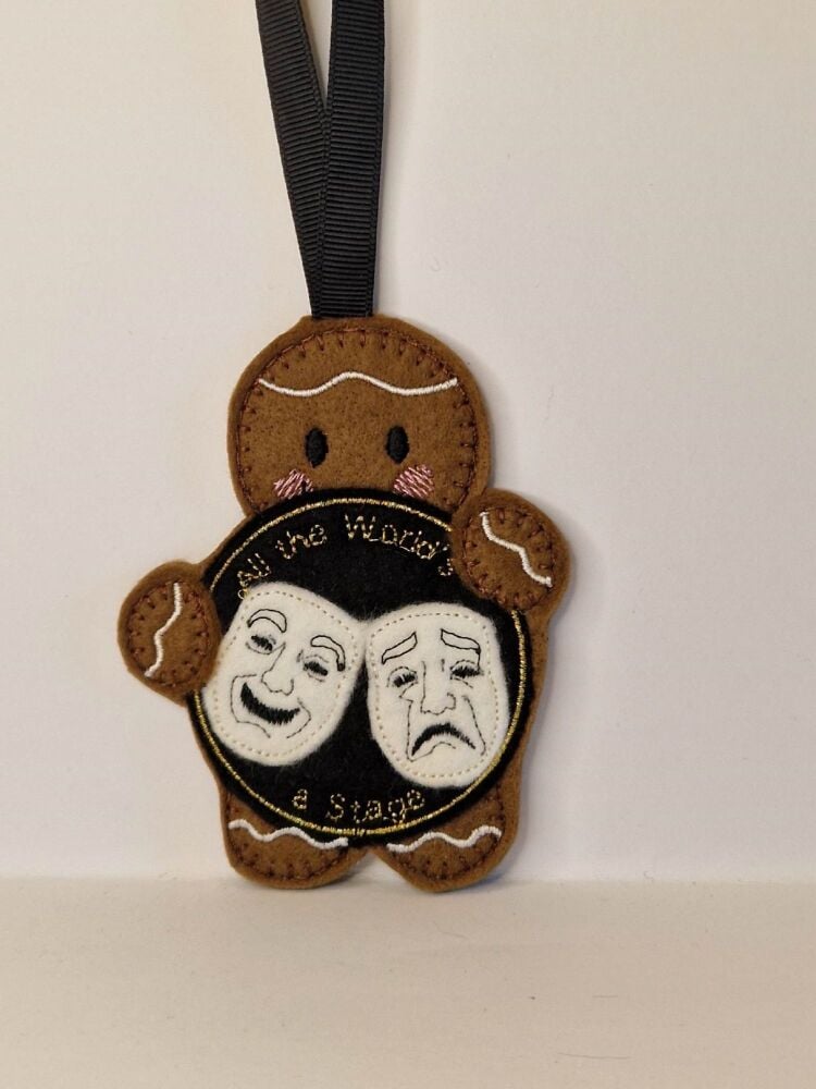 DRAMA MASKS Gingerbread Felt Hanging Decoration, Christmas Tree Decoration. Available as Keyring & Fridge Magnet too.