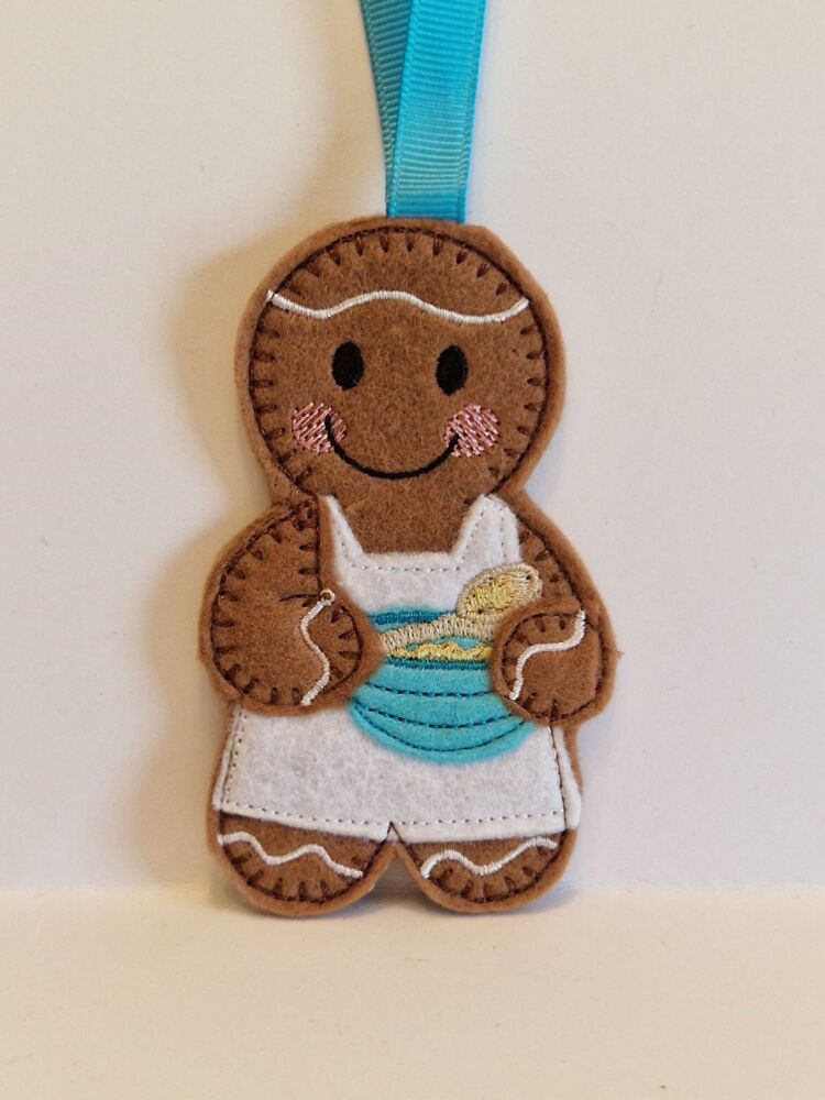 Cake Maker, Baker Gingerbread Felt Hanging Decoration, Christmas Tree Decoration. Available as Keyring & Fridge Magnet too.