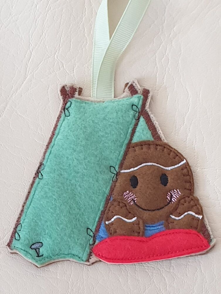 camping Gingerbread Felt Hanging Decoration, Christmas Tree Decoration. Available as Keyring & Fridge Magnet too.