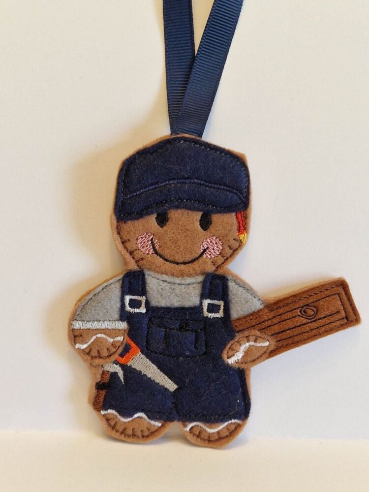 Carpenter Gingerbread Felt Hanging Decoration, Christmas Tree Decoration. Available as Keyring & Fridge Magnet too.