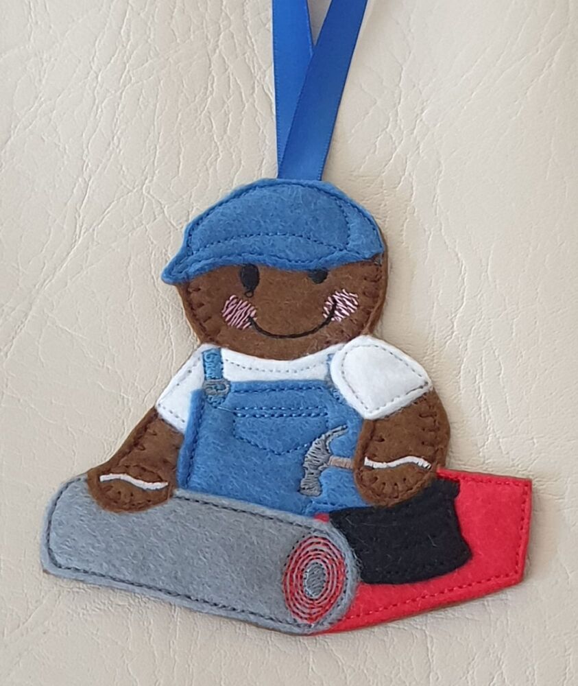 Carpet Layer, Carpet Fitter Gingerbread Felt Hanging Decoration, Christmas Tree Decoration. Available as Keyring & Fridge Magnet too.