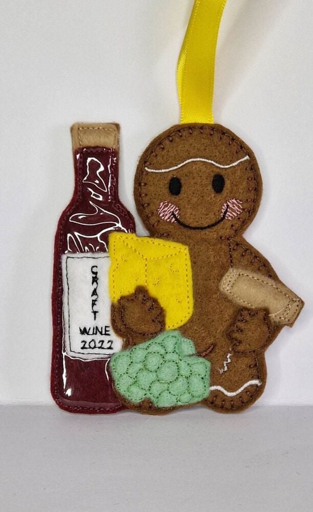 Cheese, wine & Grapes Gingerbread Felt Hanging Decoration, Christmas Tree Decoration. Available as Keyring & Fridge Magnet too.