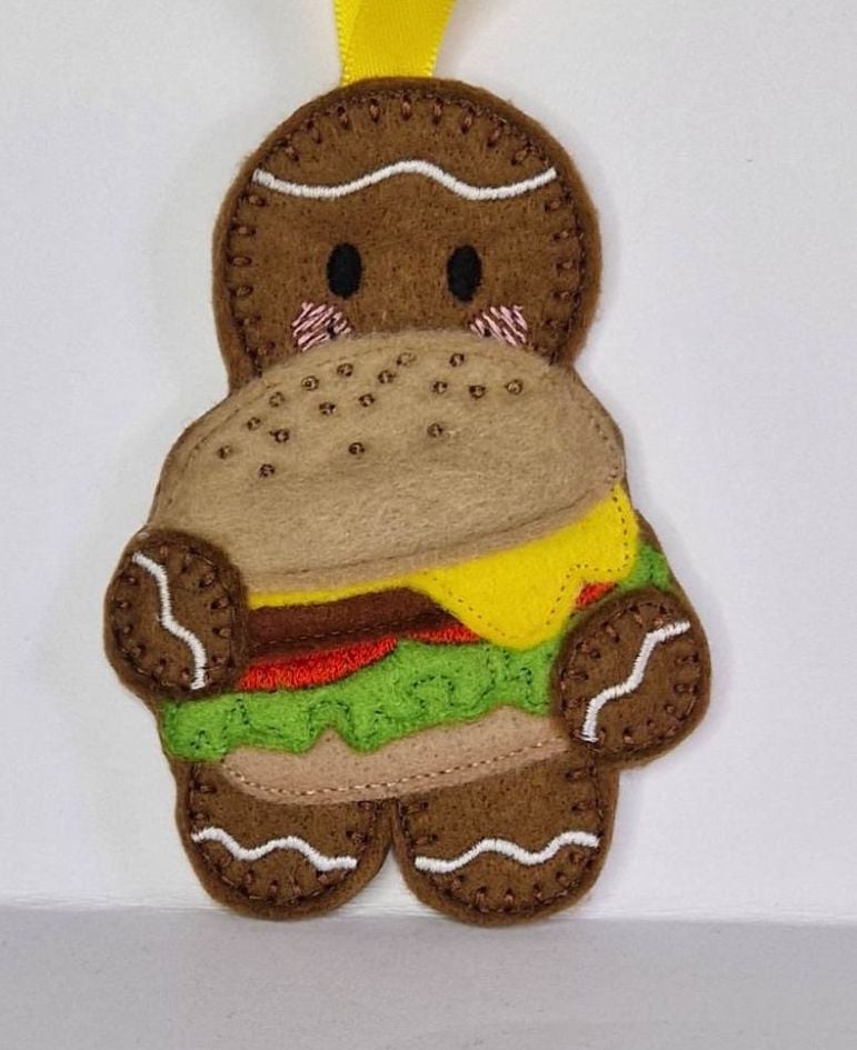 Cheeseburger, burger Gingerbread Felt Hanging Decoration, Christmas Tree Decoration. Available as Keyring & Fridge Magnet too.