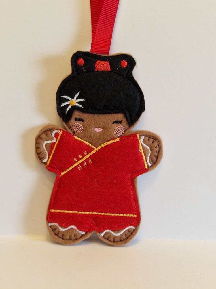 Chinese Girl Gingerbread Felt Hanging Decoration, Christmas Tree Decoration. Available as Keyring & Fridge Magnet too.