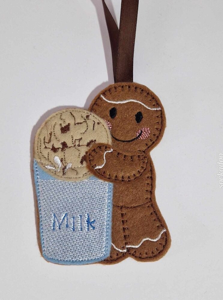 Milk & Cookie Gingerbread Felt Hanging Decoration, Christmas Tree Decoration. Available as Keyring & Fridge Magnet too.