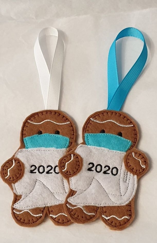 Covid Gingerbread Felt Hanging Decoration, Christmas Tree Decoration. Available as Keyring & Fridge Magnet too.