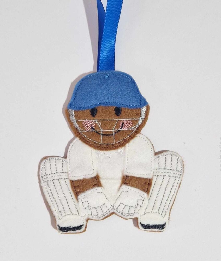 Cricket Wicket Keeper Gingerbread Felt Hanging Decoration, Christmas Tree Decoration. Available as Keyring & Fridge Magnet too.