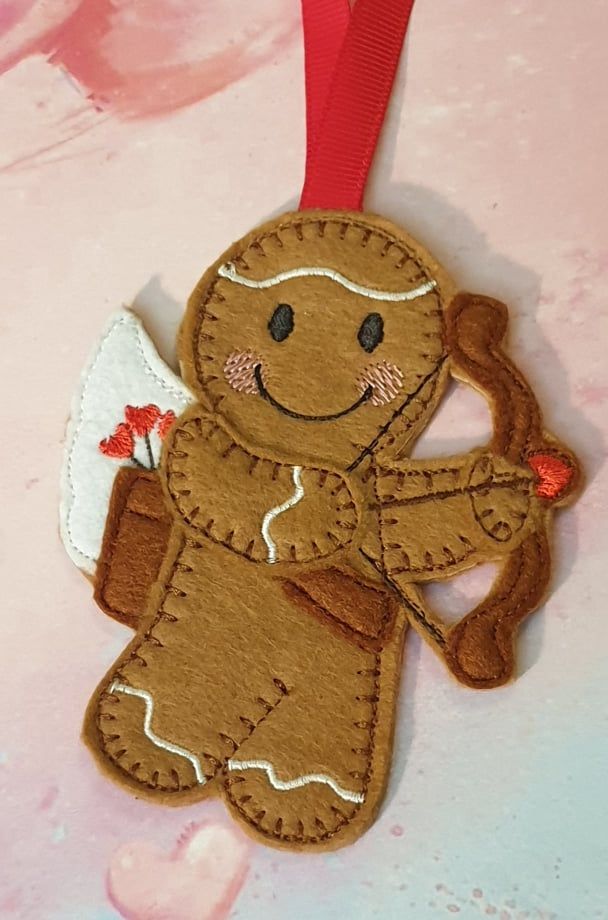 Cupid Gingerbread Felt Hanging Decoration, Christmas Tree Decoration. Available as Keyring & Fridge Magnet too.